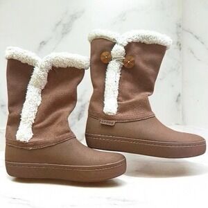 Crocs Women's Size 6 Modessa Suede Button Tan White‎ Warm Boots Rain Snow Hiking